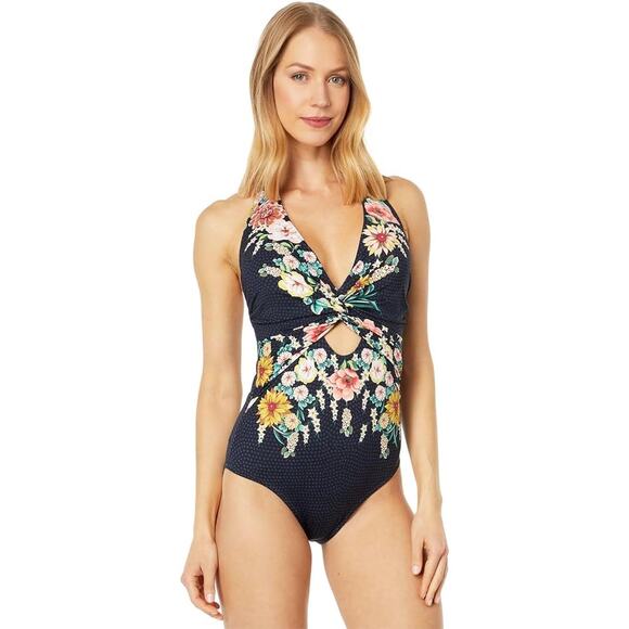 Johnny Was Size XL Multi Floral Twist Keyhole Halter One Piece Swimsuit OS25-11